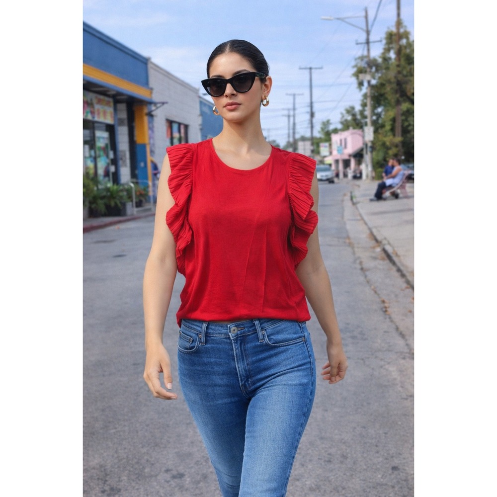Marc New York Andrew Marc Red Flutter Sleeve Top Chiffon Trim Women's M